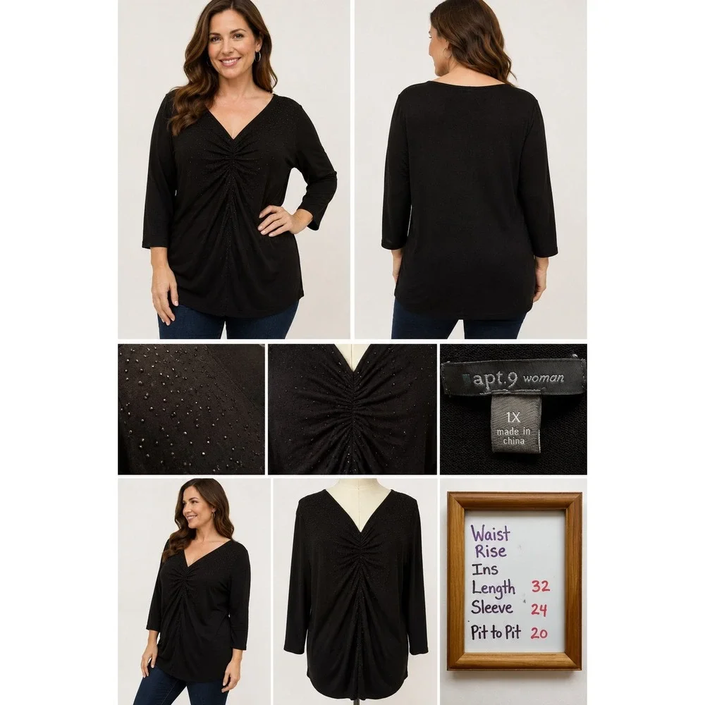 Apt 9 Woman Black Beaded Ruched V-Neck Knit Sweater Top Plus Size 1X Long Sleeve